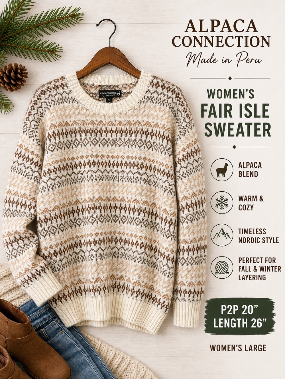 Alpaca Connection Women’s Large Alpaca Wool Fair Isle Sweater Peru Cream Brown